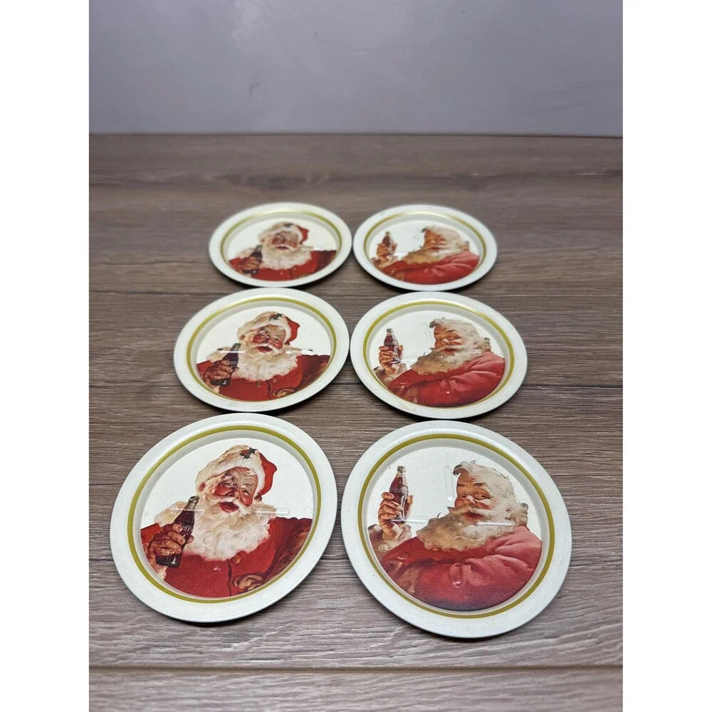 VTG 1983 Ohio Art Metal Coca Cola Santa Coasters Set of 6 Holiday Retro Barware